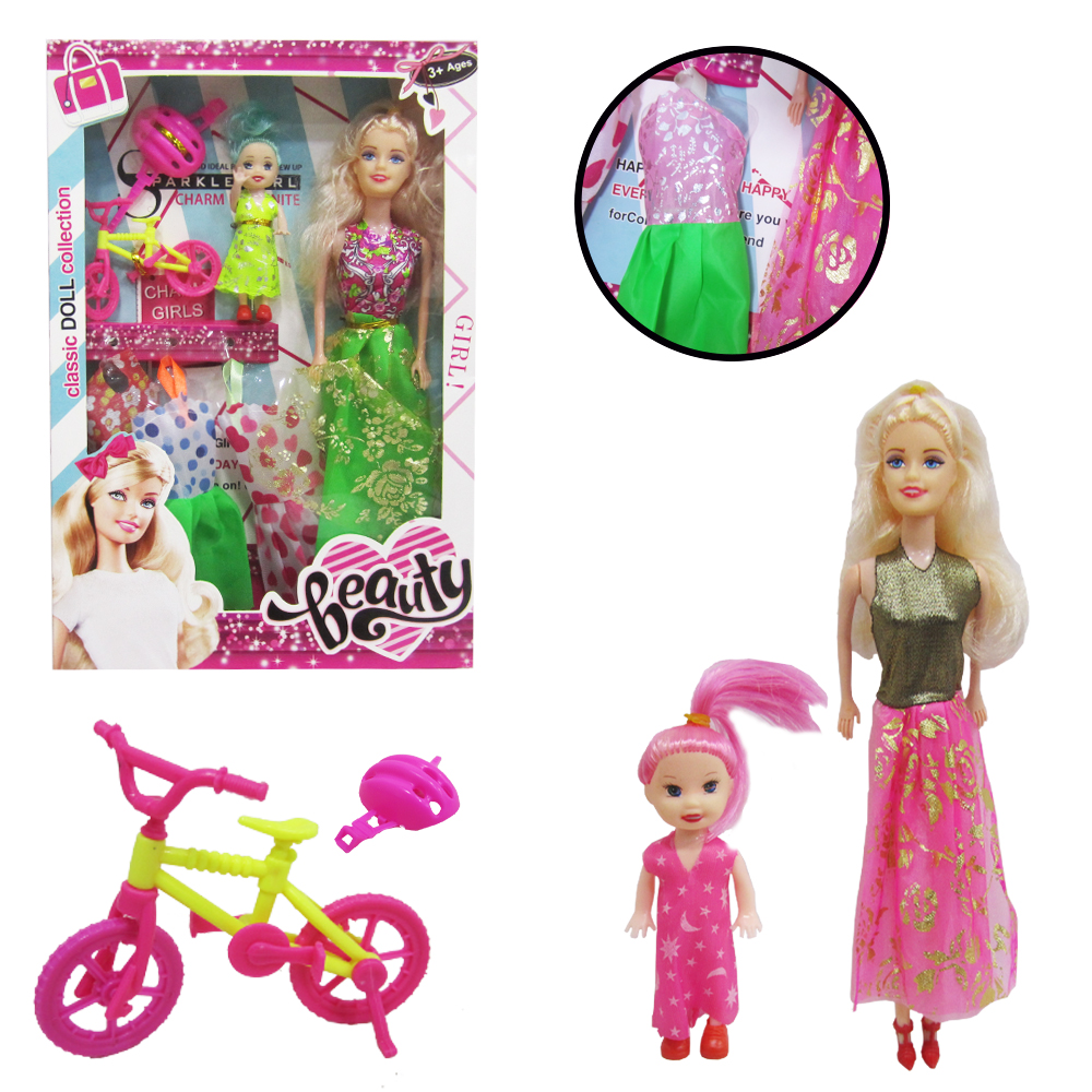 BONECA BEAUTY FASHION TROCA ROUPA VESTIDO MAE E FILHA COM BICICLETA + CAPACETE 7 PECAS NA CAIXA