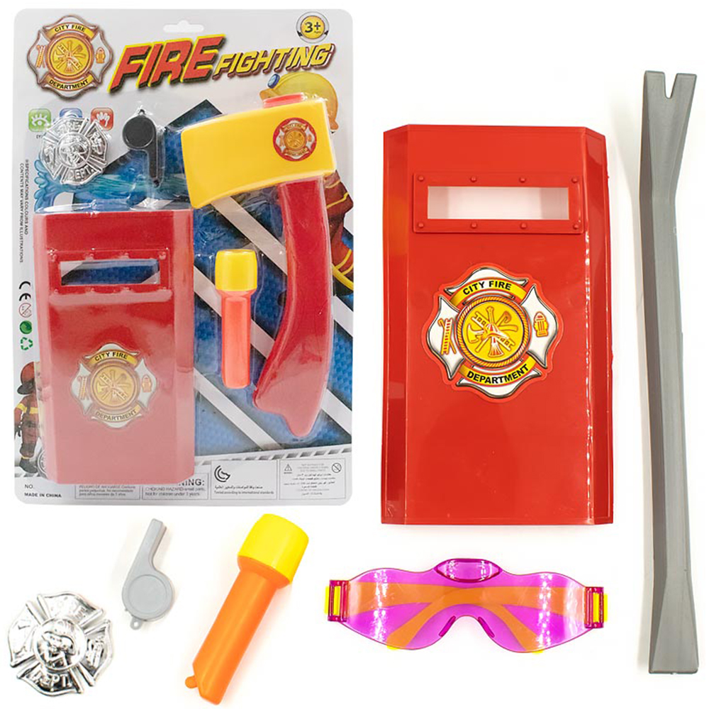 KIT BOMBEIRO INFANTIL COM ESCUDO + MACHADO E ACESSORIOS FIRE FIGHTING 5 PECAS