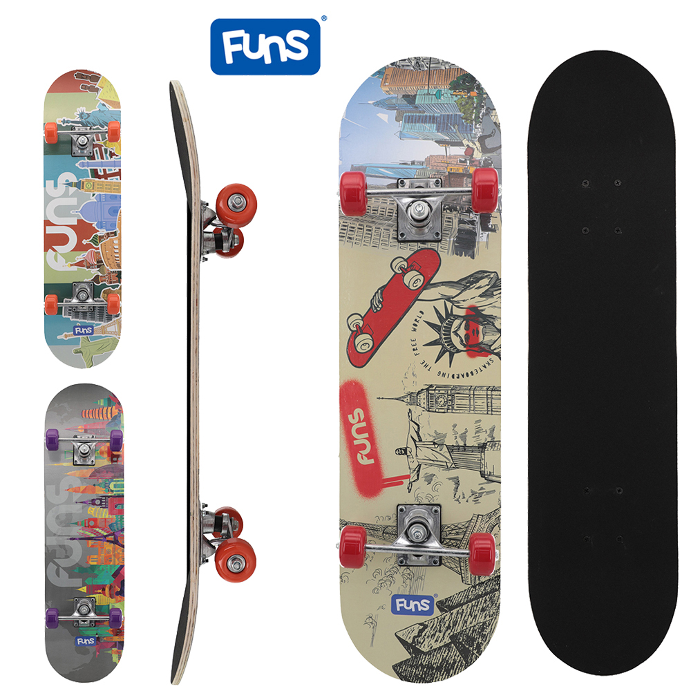 SKATE COM SHAPE DE MADEIRA LIXA + TRUCK DE ALUMINIO E RODA PVC STREME FUNS 79X20CM