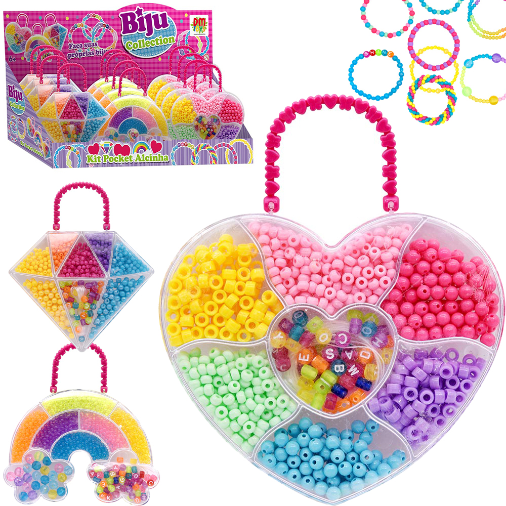KIT BELEZA / BIJUTERIA INFANTIL COM MICANGAS SORTIDAS KIT POCKET NO ESTOJO DP PLAY 