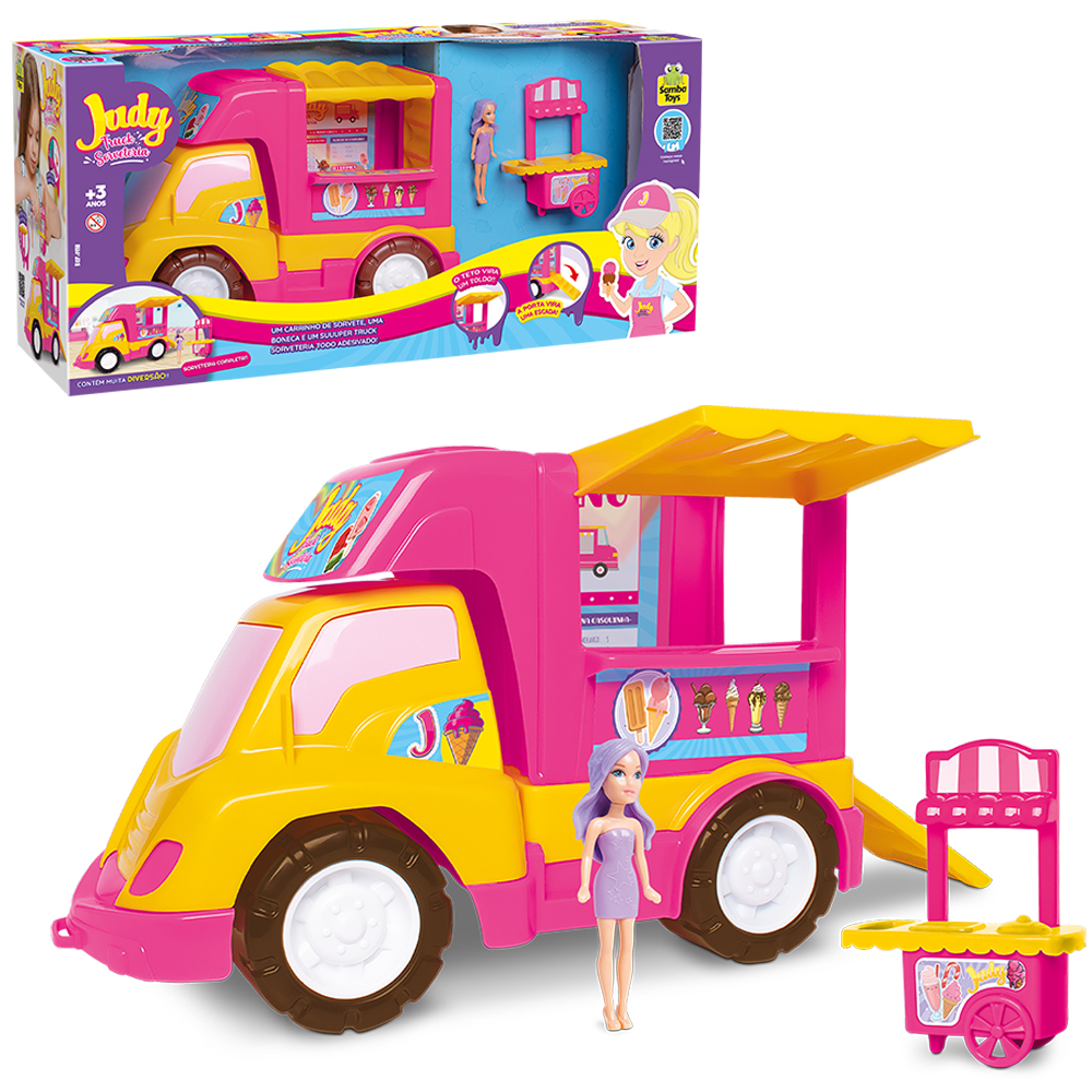 CAMINHAO SORVETERIA JUDY FOOD TRUCK RODA LIVRE COM BONECA + ACESSORIOS 3 PECAS 