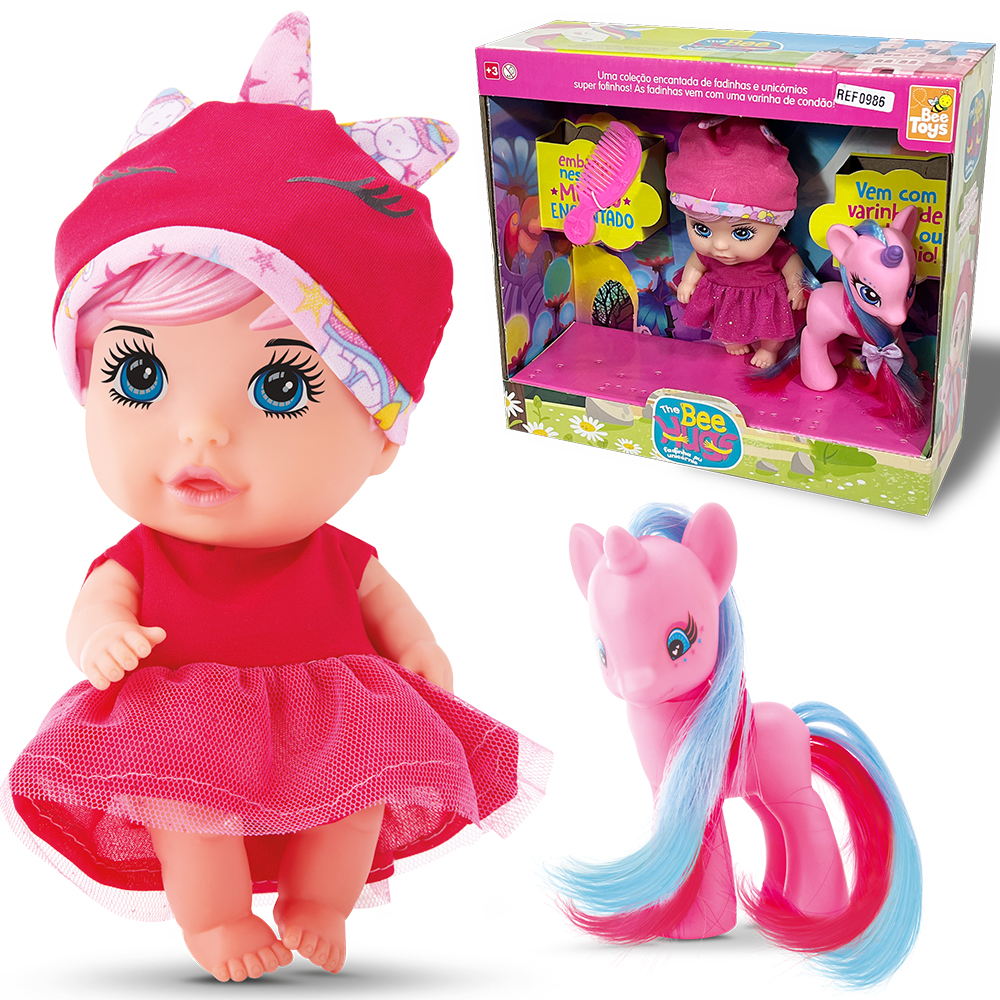 BONECA THE BEE HUGS COM UNICORNIO DE VINIL + ESCOVA