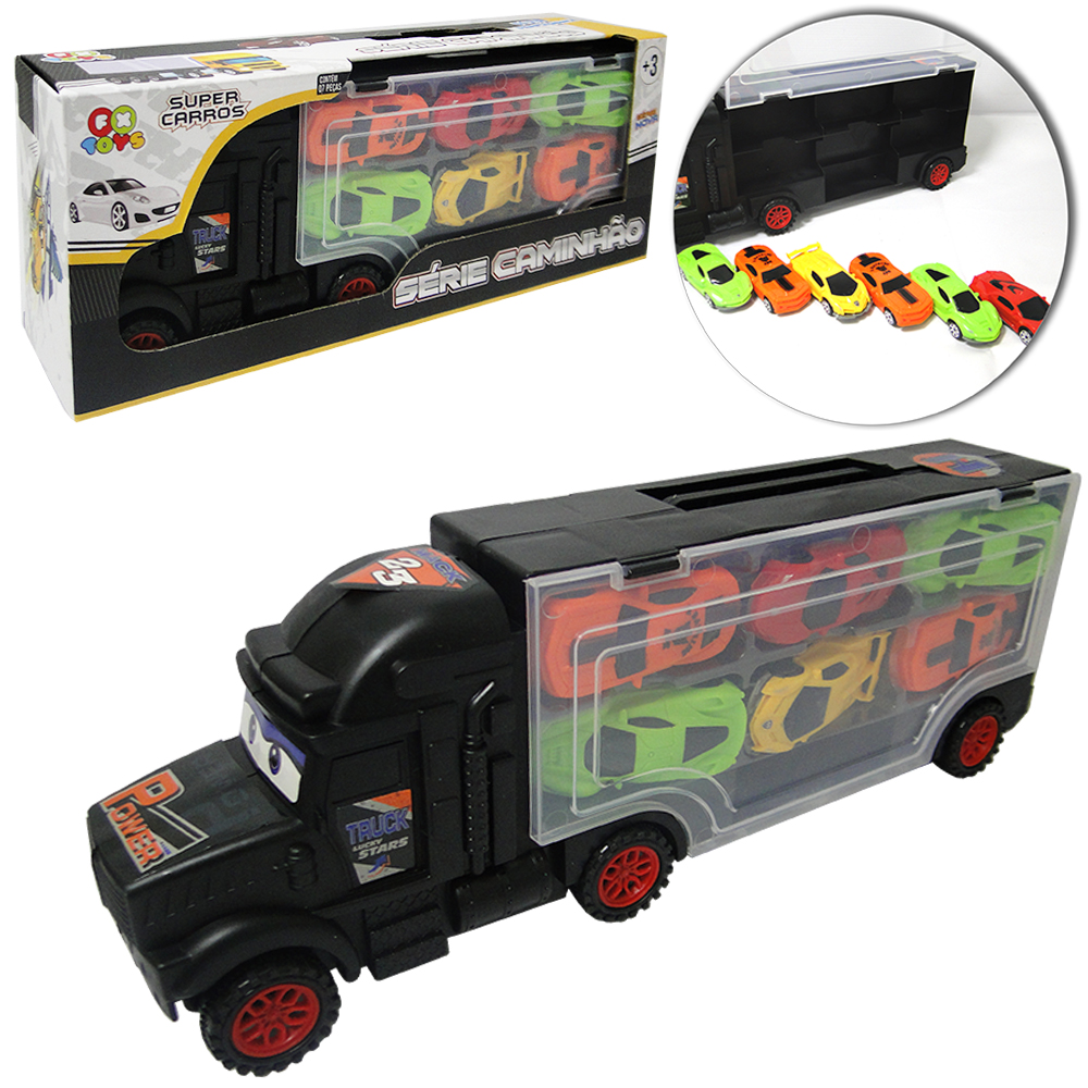 CAMINHAO MALETA COM CARRINHO COLECAO SUPER CARROS RODA LIVRE COM 7 PECAS