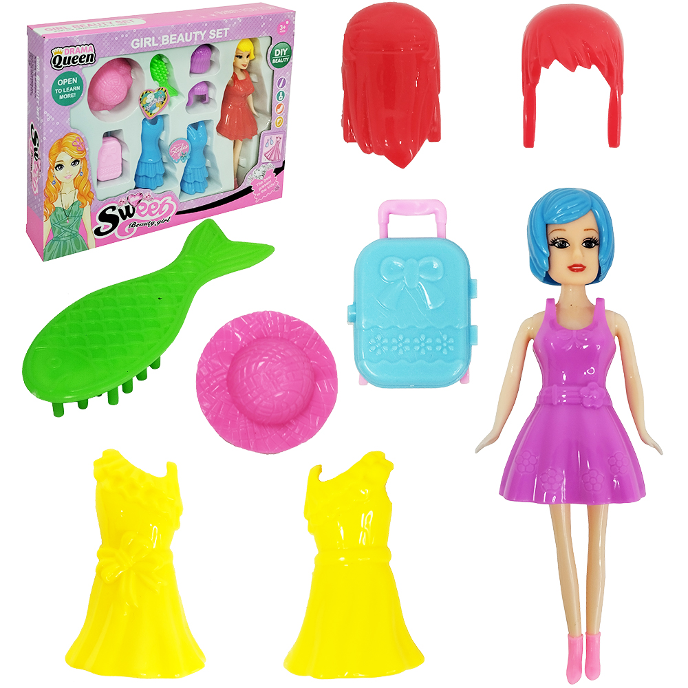 BONECA SWEET BEAUTY GIRL TROCA ROUPA / PERUCA DE PLASTICO COM ACESSORIOS 8 PECAS