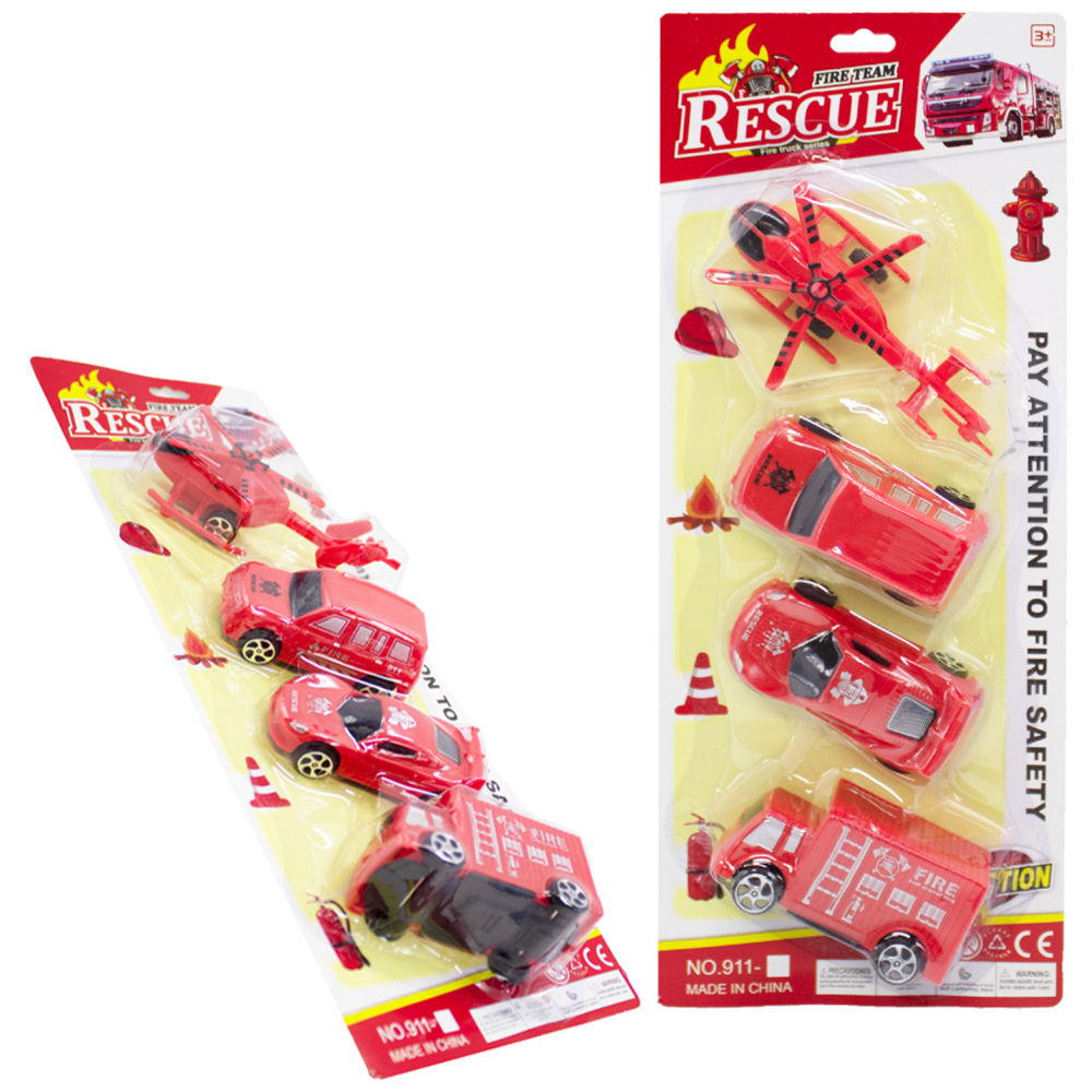 KIT VEICULO BOMBOEIRO COM CARRO + HELICOPTERO A FRICCAO PULL BACK FIRE TEAM RESCUE 4 PECAS