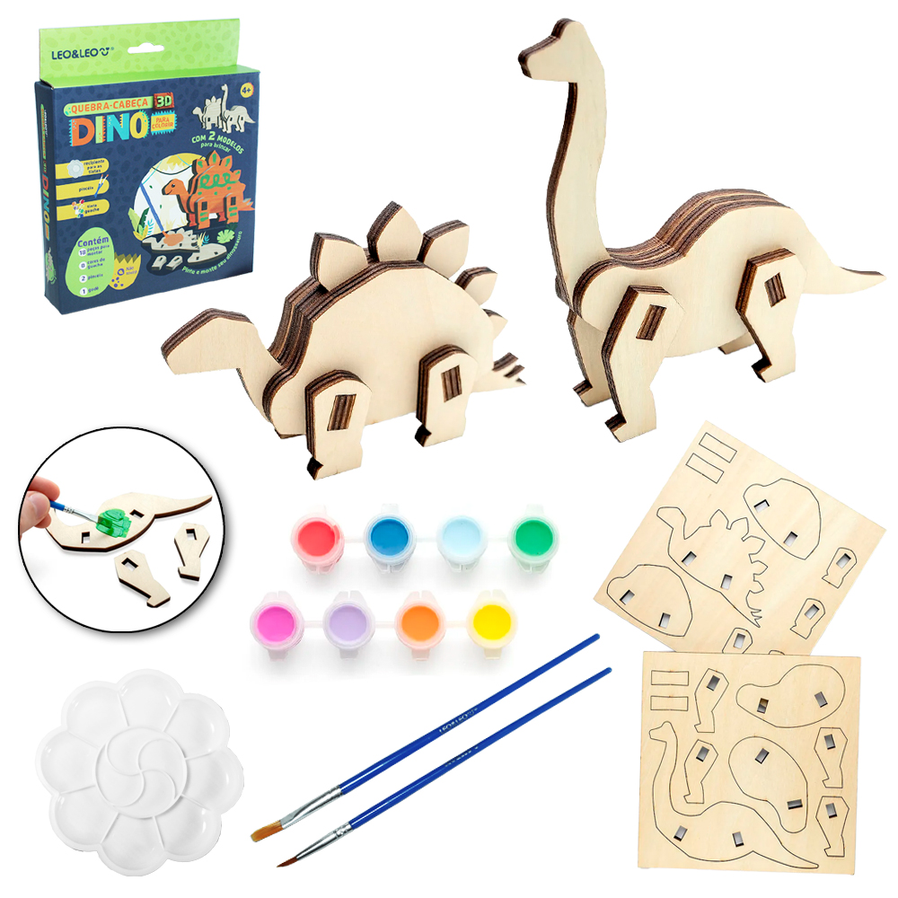 QUEBRA CABECA 3D DE MADEIRA DINOSSAUROS NA CAIXA COM 18 PECAS + 8 TINTAS + 2 PINCEIS