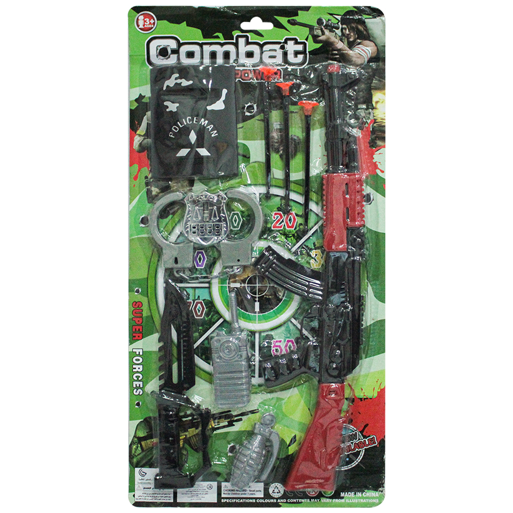 PISTOLA / METRALHADORA LANCA DARDO VENTOSA COM 3 DARDOS + FACA E ACESSORIOS COMBAT SUPER POWER 10 PECAS