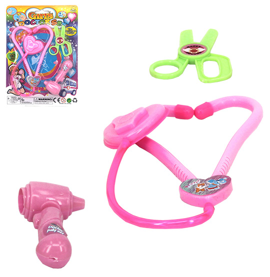 KIT MEDICO INFANTIL COM ESTETOSCOPIO CORACAO E ACESSORIOS 3 PECAS NA CARTELA