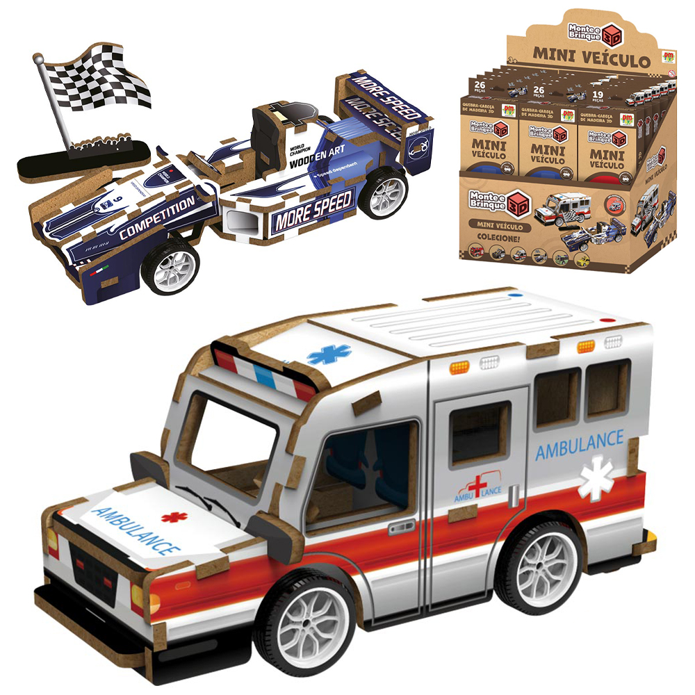 QUEBRA CABECA DE MADEIRA MDF 3D MINI VEICULO CARRO DE CORRIDA A FRICCAO PULL BACK 26 PECAS