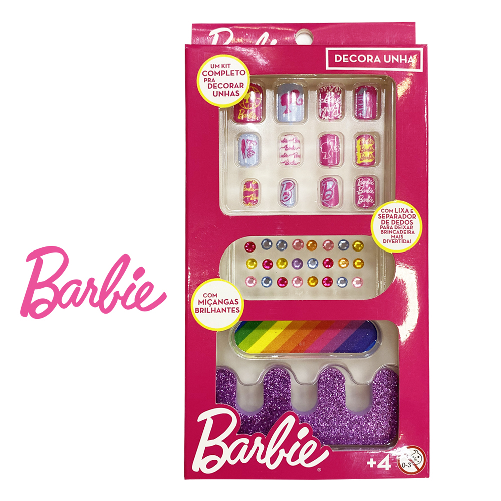 BARBIE KIT MANICURE INFANTIL COM UNHAS POSTICAS + MICANGAS + SEPARADOR DE DEDO E LIXA COM 38 PECAS