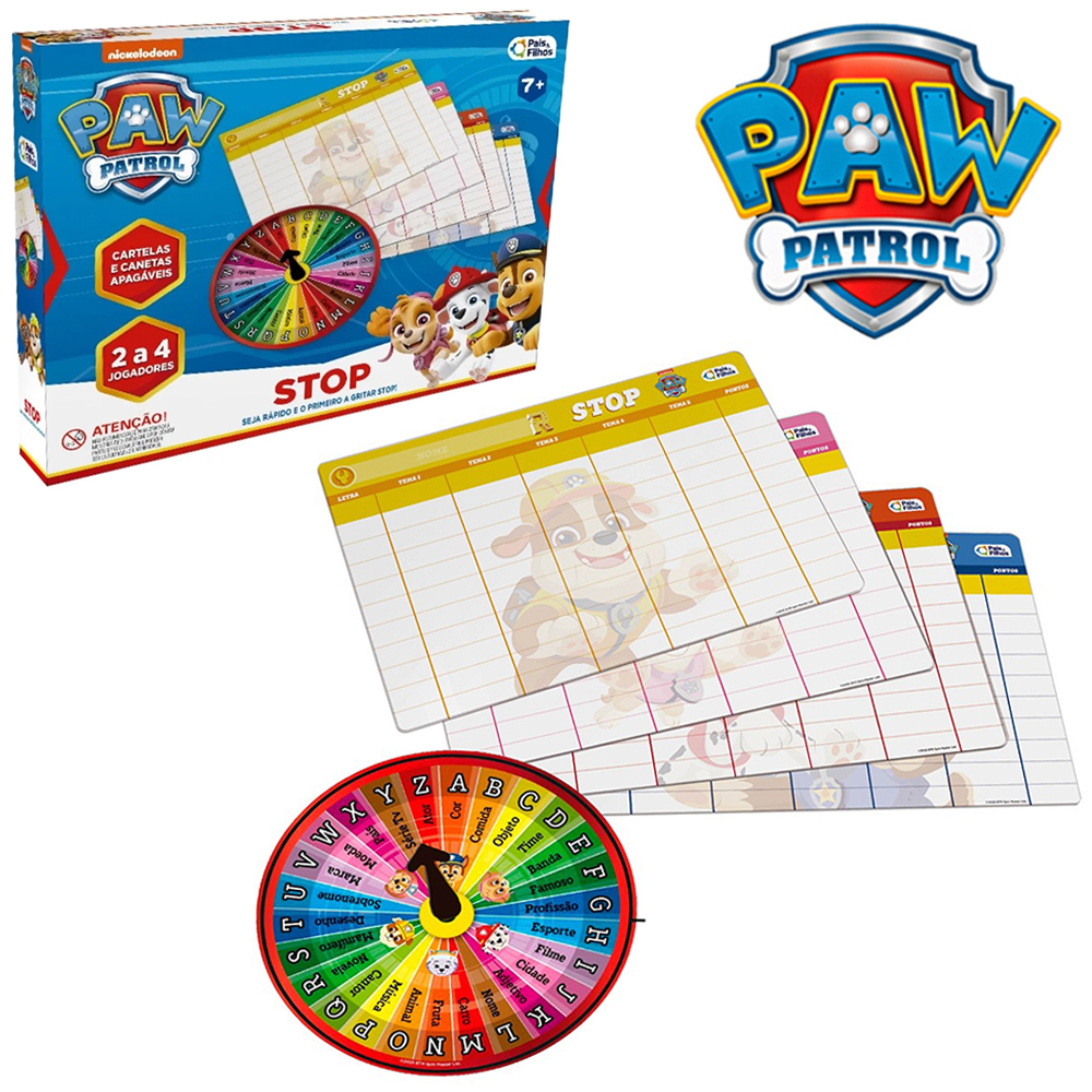 PATRULHA CANINA JOGO STOP COM ROLETA + 4 CARTELAS + 4 CANETAS E 4 APAGADORES