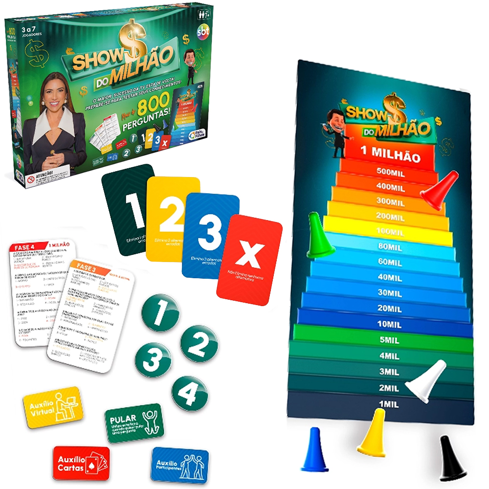 JOGO SHOW DO MILHAO SBT 800 PERGUNTAS COM 168 CARTAS + 36 FICHAS AUXILIO E ACESSORIOS 240 PECAS
