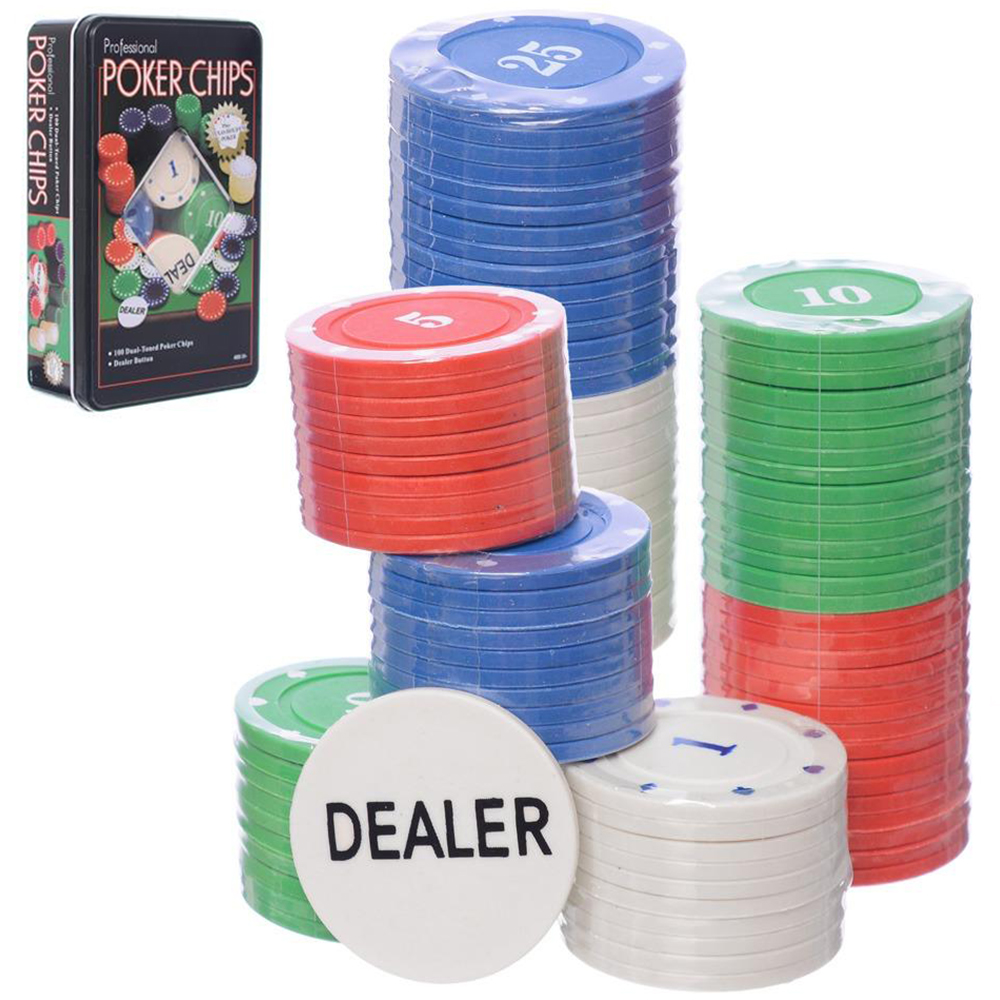 FICHA DE POKER COM 100 FICHAS + DEALER POKER CHIPS NA LATA