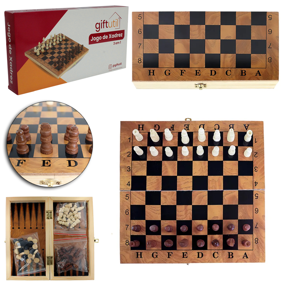 JOGO 3 EM 1 XADREZ 32 PECAS + DAMA E GAMAO 30 PECAS + 2 DADOS E TABULEIRO DE MADEIRA 23,5X23,5CM
