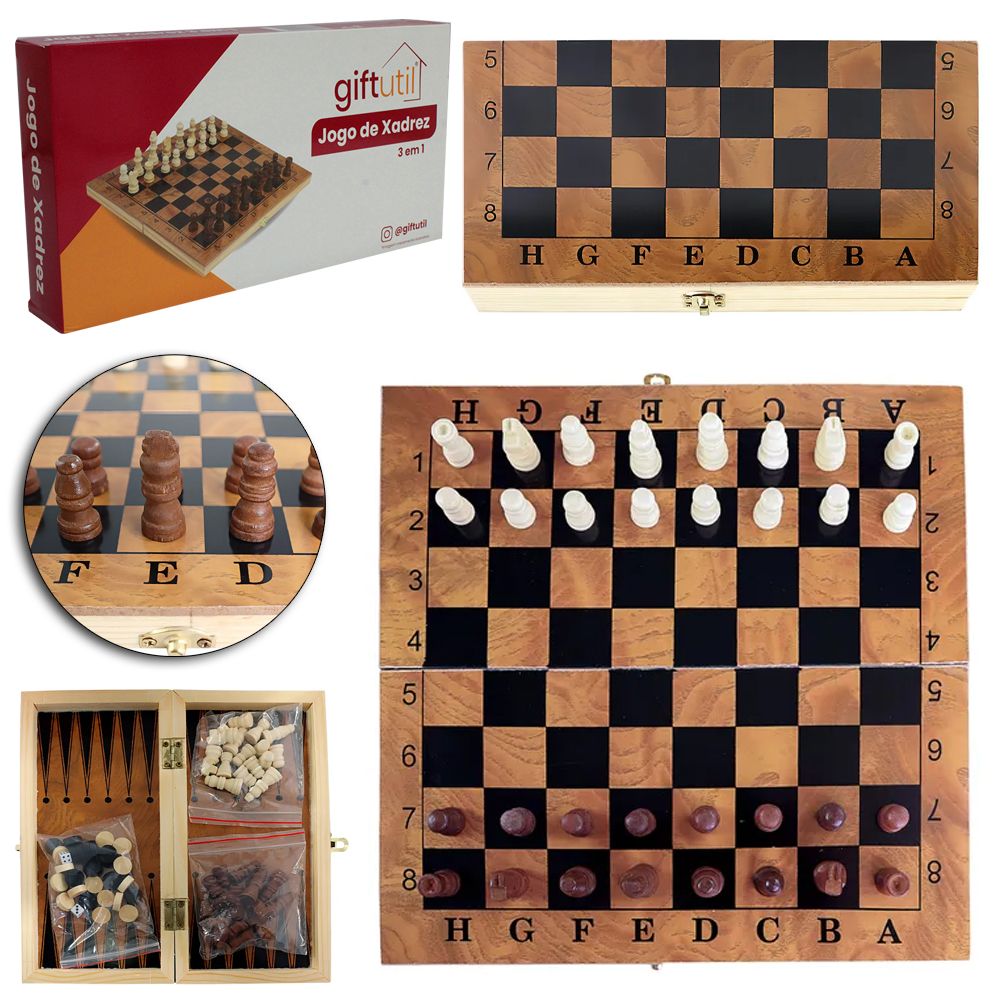 JOGO 3 EM 1 XADREZ 32 PECAS + DAMA E GAMAO 30 PECAS + 2 DADOS E TABULEIRO DE MADEIRA 29X29CM