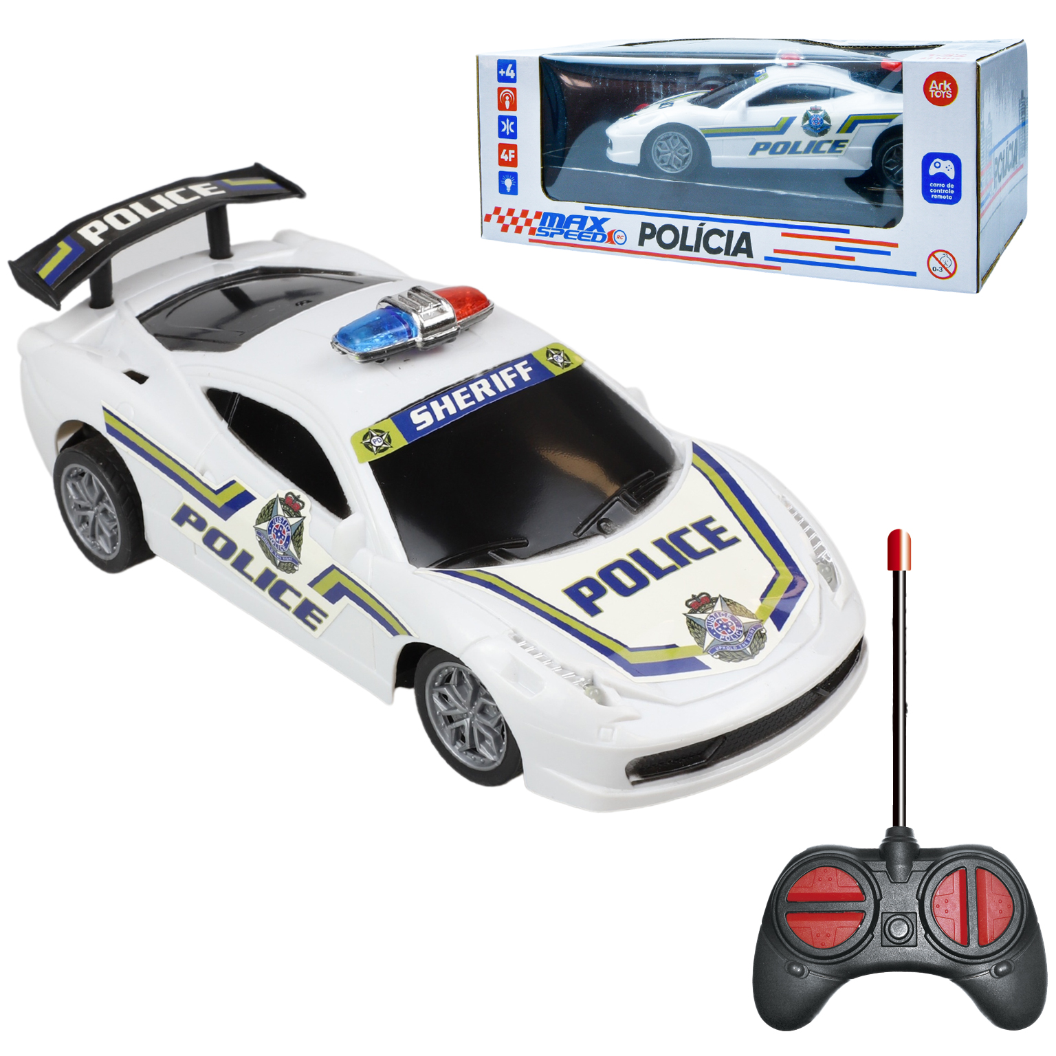 CARRO COM CONTROLE REMOTO SEM FIO POLICIA MAX SPEED 7 FUNCOES COM LUZ A PILHA
