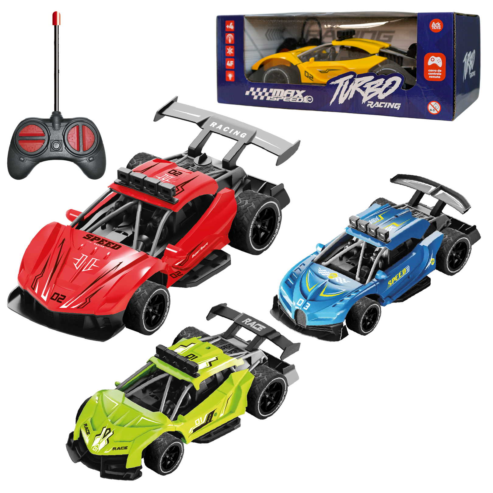 CARRO COM CONTROLE REMOTO SEM FIO MAX SPEED TURBO RACING 7 FUNCOES A PILHA