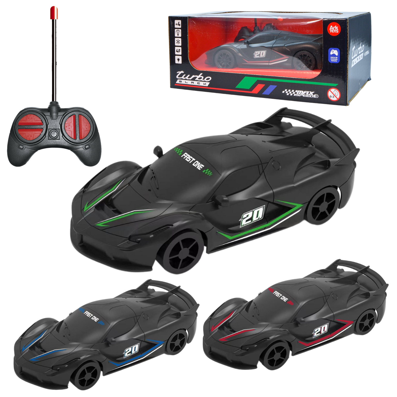 CARRO COM CONTROLE REMOTO SOM FIO MAX SPEED TURBO BLACK 7 FUNCOES A PILHA