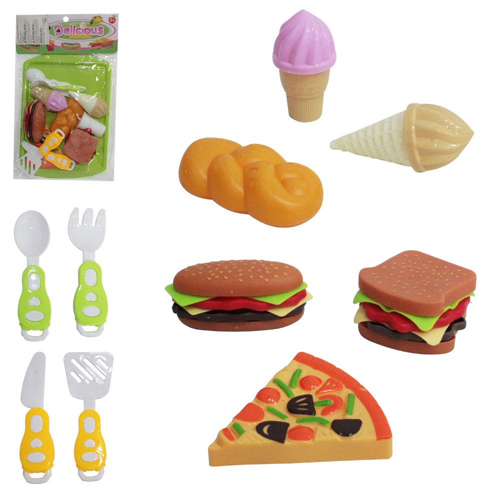 KIT COZINHA INFANTIL COM LANCHE SANDUICHE + BANDEJA E ACESSORIOS DELICIOUS FAST FOOD 22 PECAS