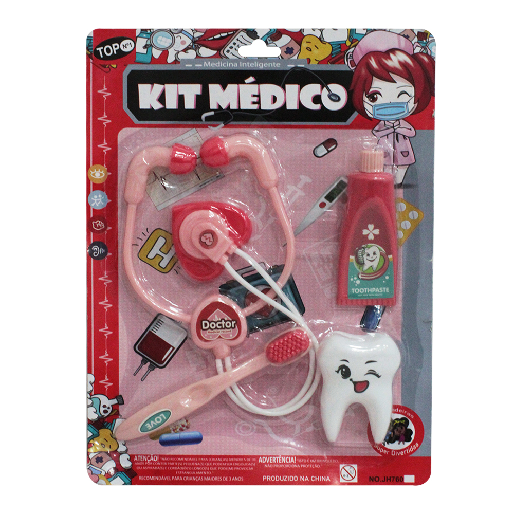 KIT MEDICO INFANTIL DENTISTA COM ESTETOSCOPIO + ACESSORIOS 4 PECAS