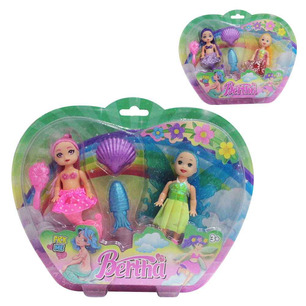 BONECA FADA E SEREIA COM ESCOVA + ACESSORIOS BERTHA 5 PECAS