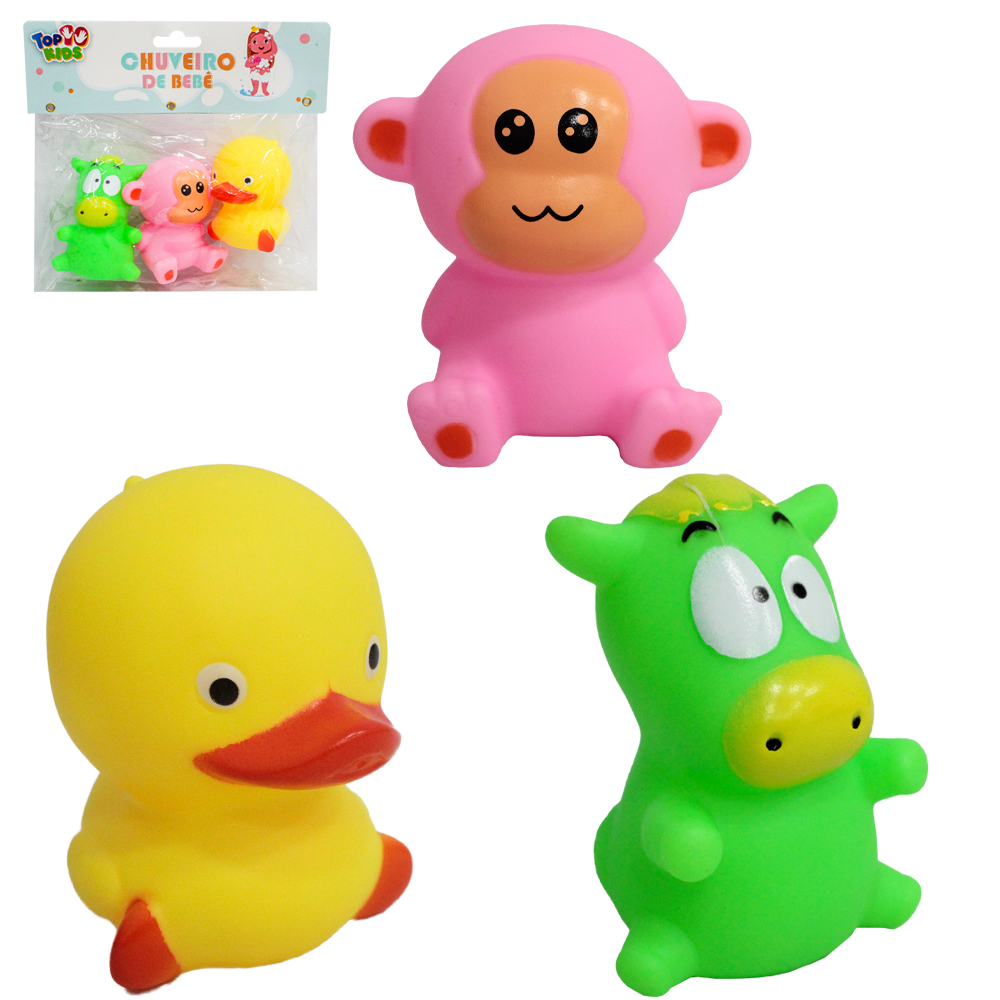 KIT ANIMAL BICHINHOS DE VINIL COM SOM CHUVEIRO DE BEBE TOP KIDS 3 PECAS