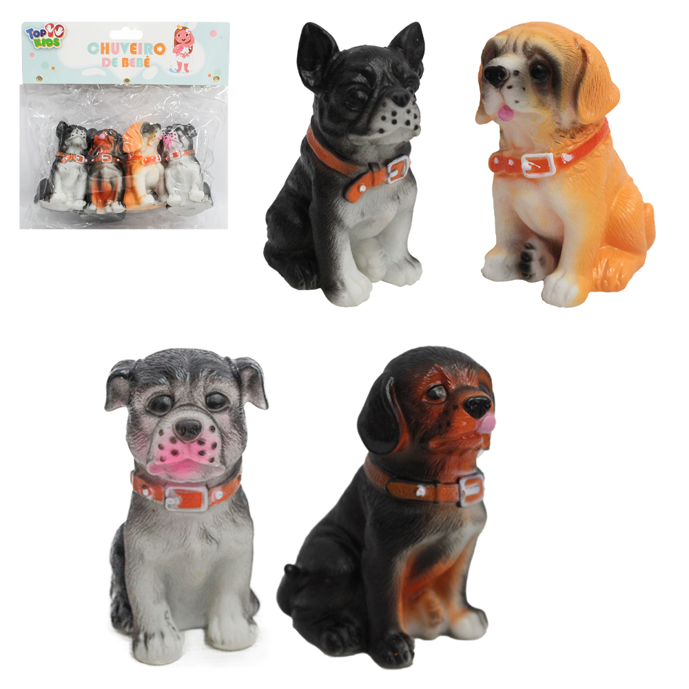 KIT ANIMAL CACHORRO DE VINIL COM SOM CHUVEIRO DE BEBE TOP KIDS 4 PECAS