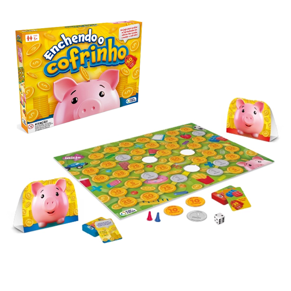 JOGO ENCHENDO O COFRINHO COM TABULEIRO + 2 COFRINHOS PAPEL + 40 MOEDAS + 56 CARTAS + 2 PEOES E DADO