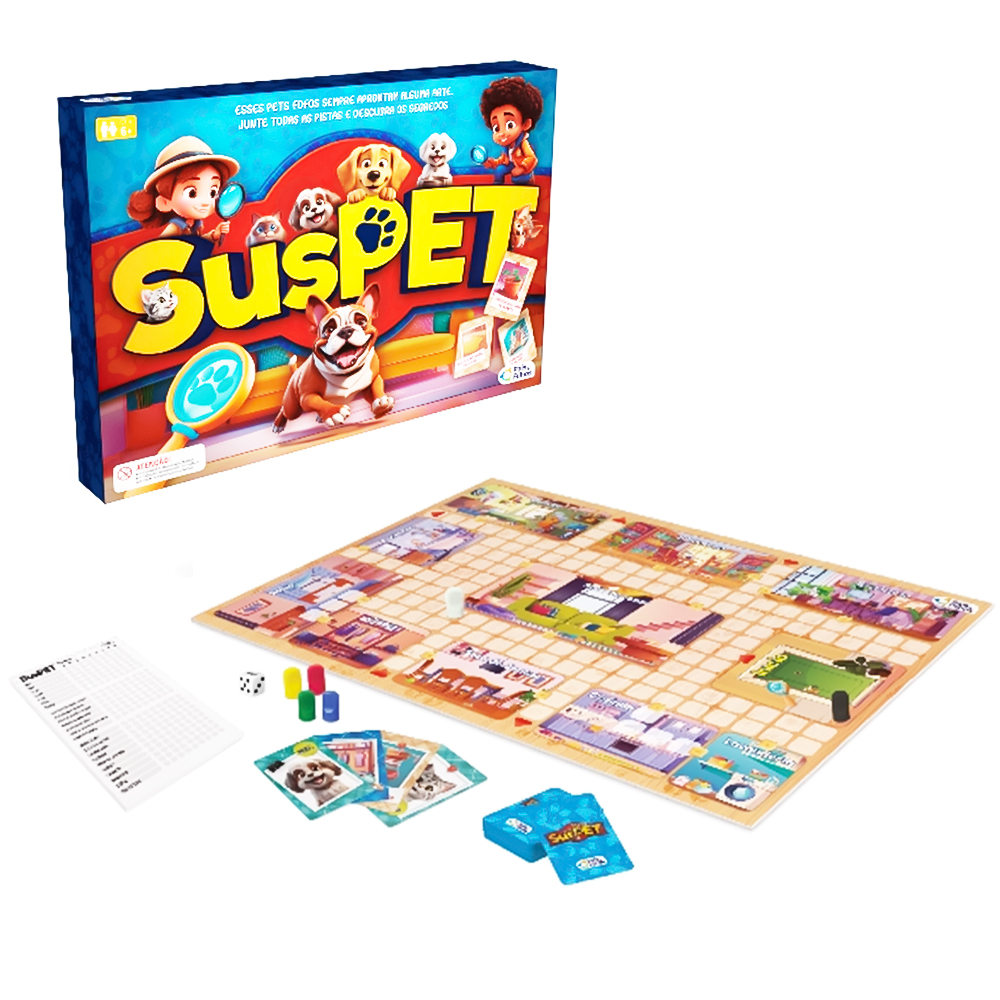 JOGO SUS PET COM TABULEIRO + 24 CARTAS + BLOCO DE ANOTACOES + 6 PINOS E DADO