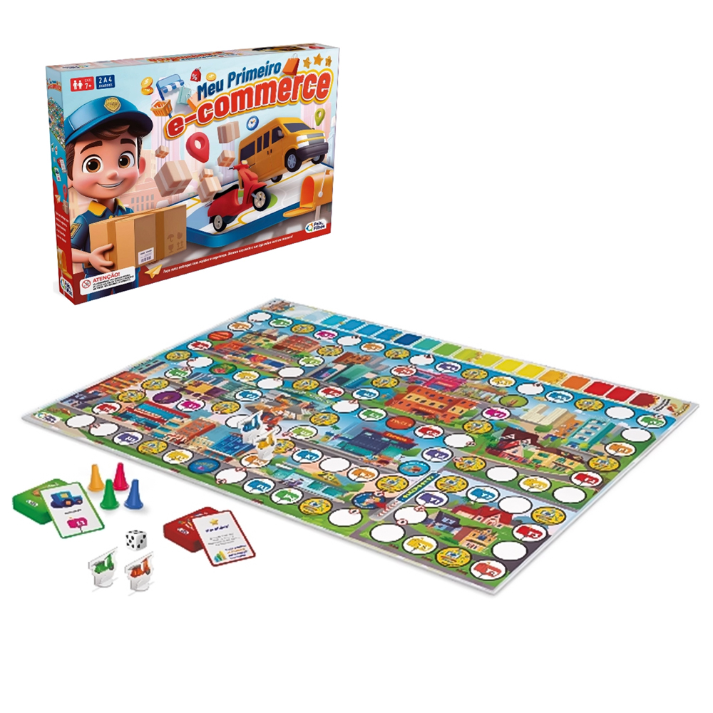 JOGO MEU PRIMEIRO E-COMMERCE COM TABULEIRO + DADO + 4 PINOS + 4 VEICULOS E ACESSORIOS 126 PECAS