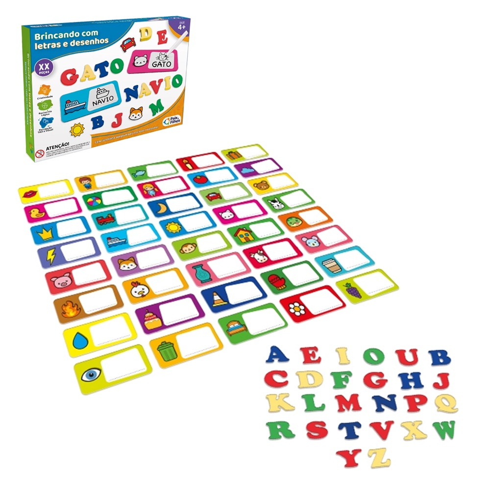 JOGO BRINCANDO COM LETRAS E DESENHOS COM 2 LOUSAS + 40 CARTELAS / 66 LETRAS / 2 CANETINHAS / 2 APAGADORES