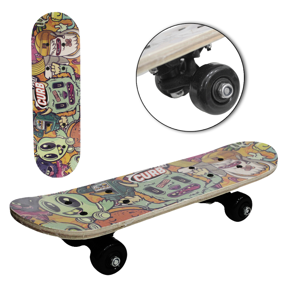 SKATE COM SHAPE DE MADEIRA + TRUCK DE NYLON E RODA DE PVC MONSTRINHOS AMARELOS 43X12,5CM