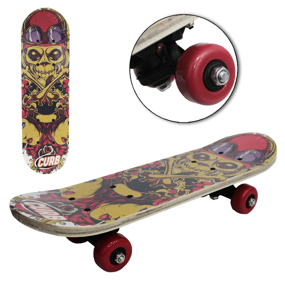 SKATE COM SHAPE DE MADEIRA + TRUCK DE NYLON E RODA DE PVC CAVEIRA VERMELHA 43X12,5CM