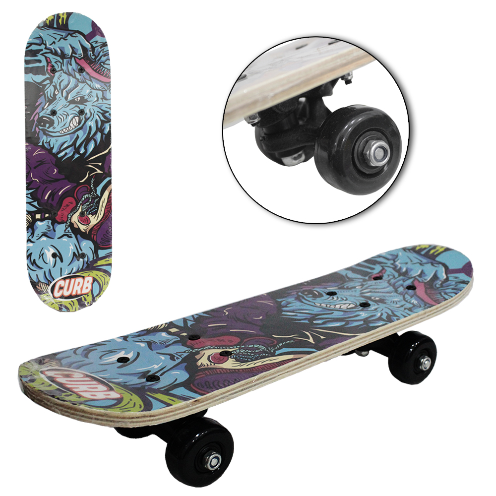SKATE COM SHAPE DE MADEIRA + TRUCK DE NYLON E RODA DE PVC LOBO AZUL 43X12,5CM