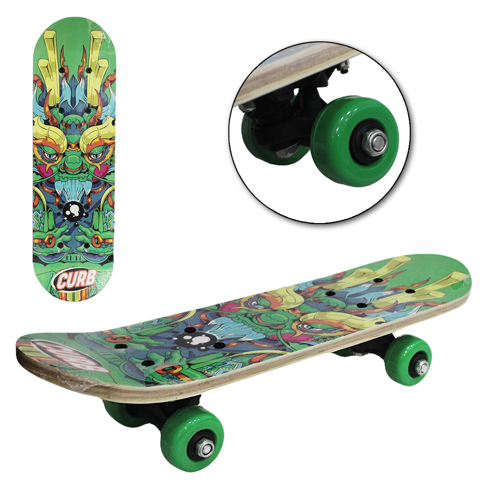 SKATE COM SHAPE DE MADEIRA + TRUCK DE NYLON E RODA DE PVC MONSTRO VERDE 43X12,5CM