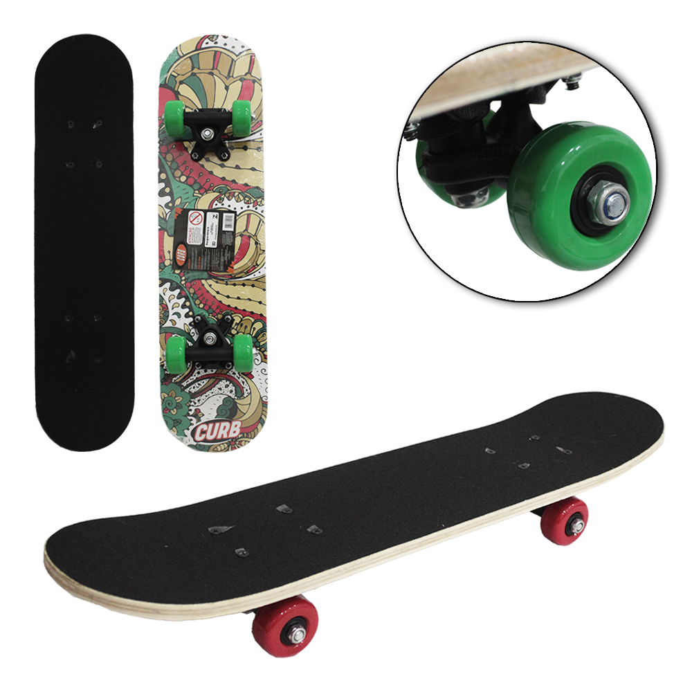 SKATE COM SHAPE DE MADEIRA LIXA + TRUCK DE NYLON E RODA DE PVC DRAGAO VERDE 59X14,5CM