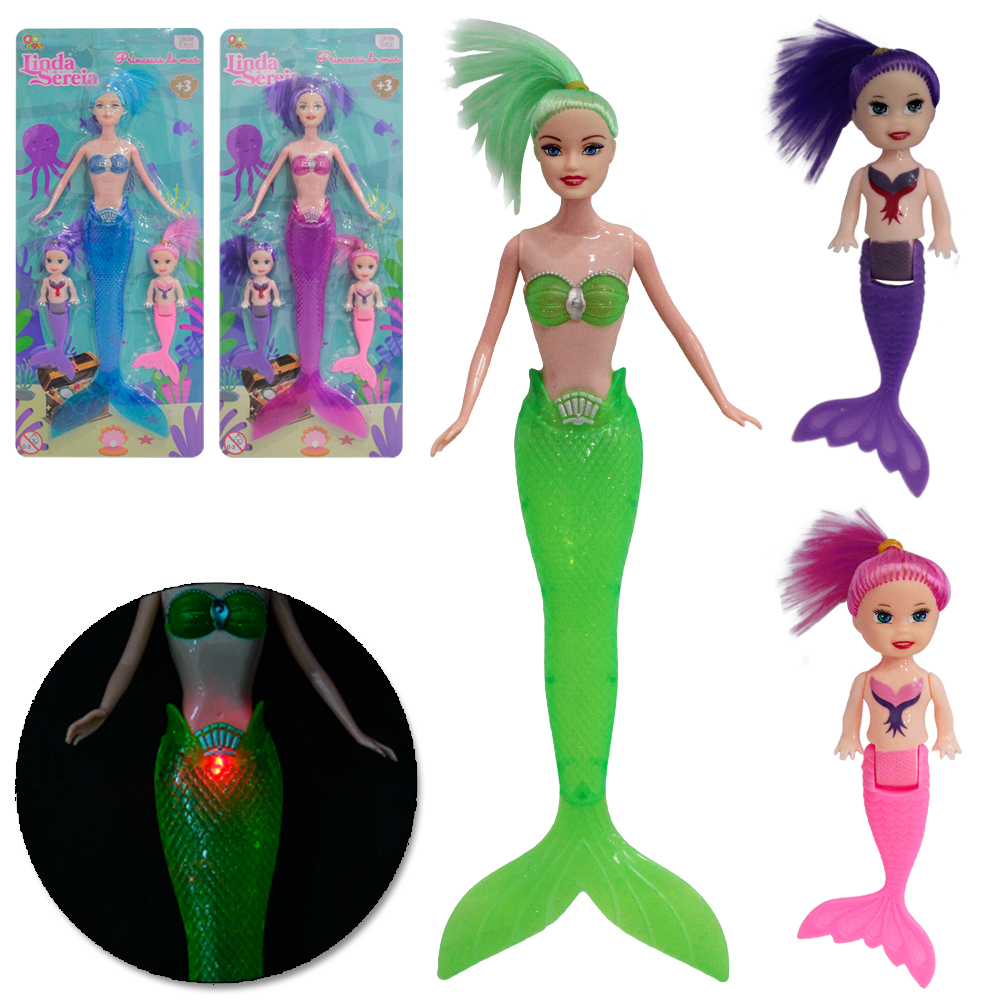 BONECA LINDA SEREIA PRINCESAS DO MAR MAE E FILHA COM LUZ A BATERIA 3 PECAS