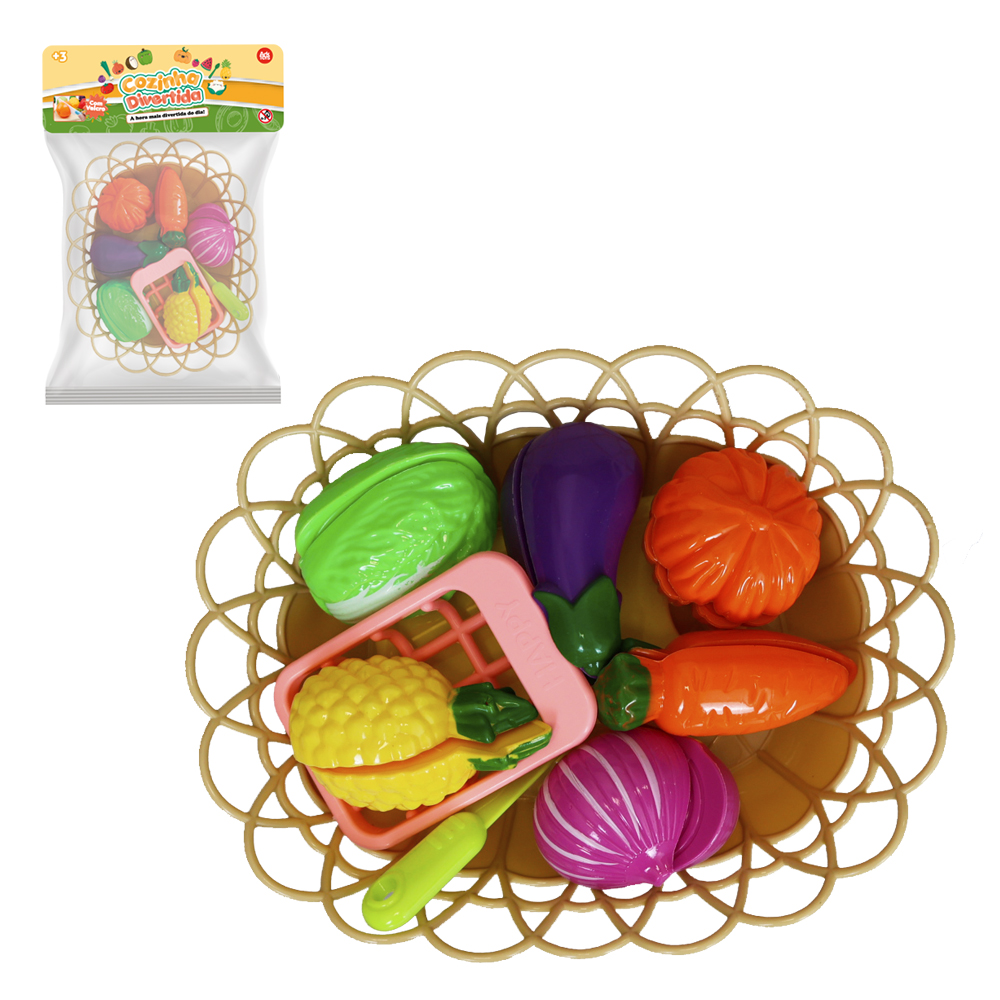 KIT COZINHA INFANTIL COM CESTA + FRUTAS / LEGUMES E ACESSORIOS COM VELCRO COZINHA DIVERTIDA 10 PECAS