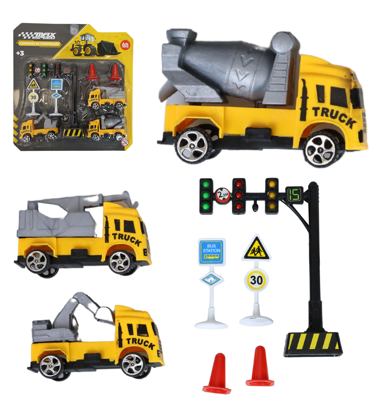 CAMINHAO CONSTRUCAO COM ACESSORIOS MAX SPEED RODA LIVRE 8 PECAS