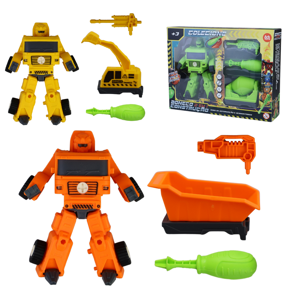 BONECO ROBO TRANSFORME VEICULO CONSTRUCAO MONTA E DESMONTA DIDATICO COM ACESSORIOS (3 ROBOS FORMA MEGA ROBO)