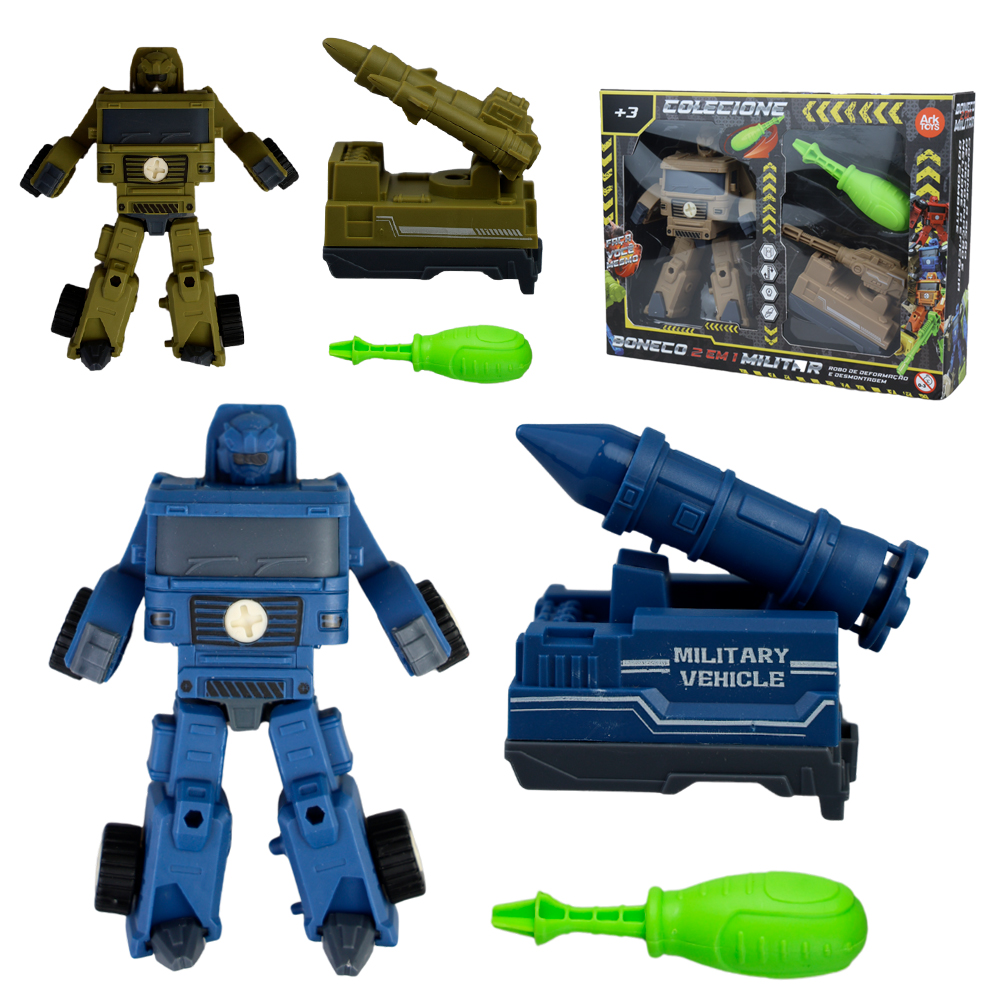 BONECO ROBO TRANSFORME VEICULO MILITAR MONTA E DESMONTA DIDATICO COM ACESSORIOS (3 ROBOS FORMA MEGA ROBO)