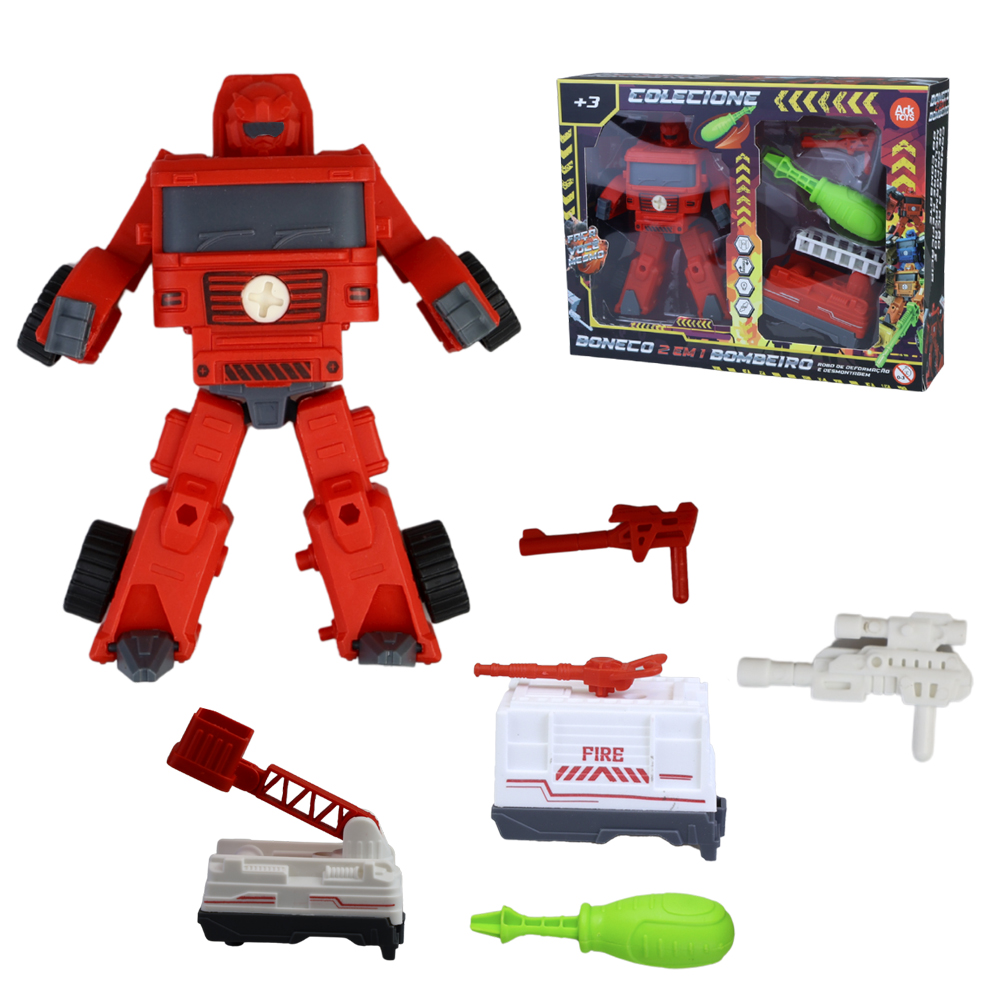 BONECO ROBO TRANSFORME VEICULO BOMBEIRO MONTA E DESMONTA DIDATICO COM ACESSORIOS (3 ROBOS FORMA MEGA ROBO)