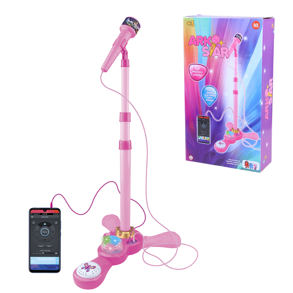MICROFONE MUSICAL INFANTIL COM PEDESTAL ARK STAR ROSA CABO P2 + LUZ A PILHA