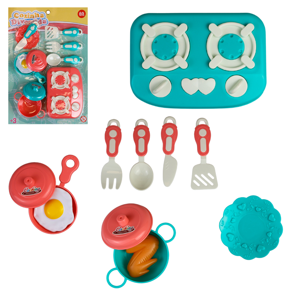 KIT COZINHA INFANTIL COM FOGAO + FRIGIDEIRA E ACESSORIOS COZINHA DIVERTIDA 11 PECAS