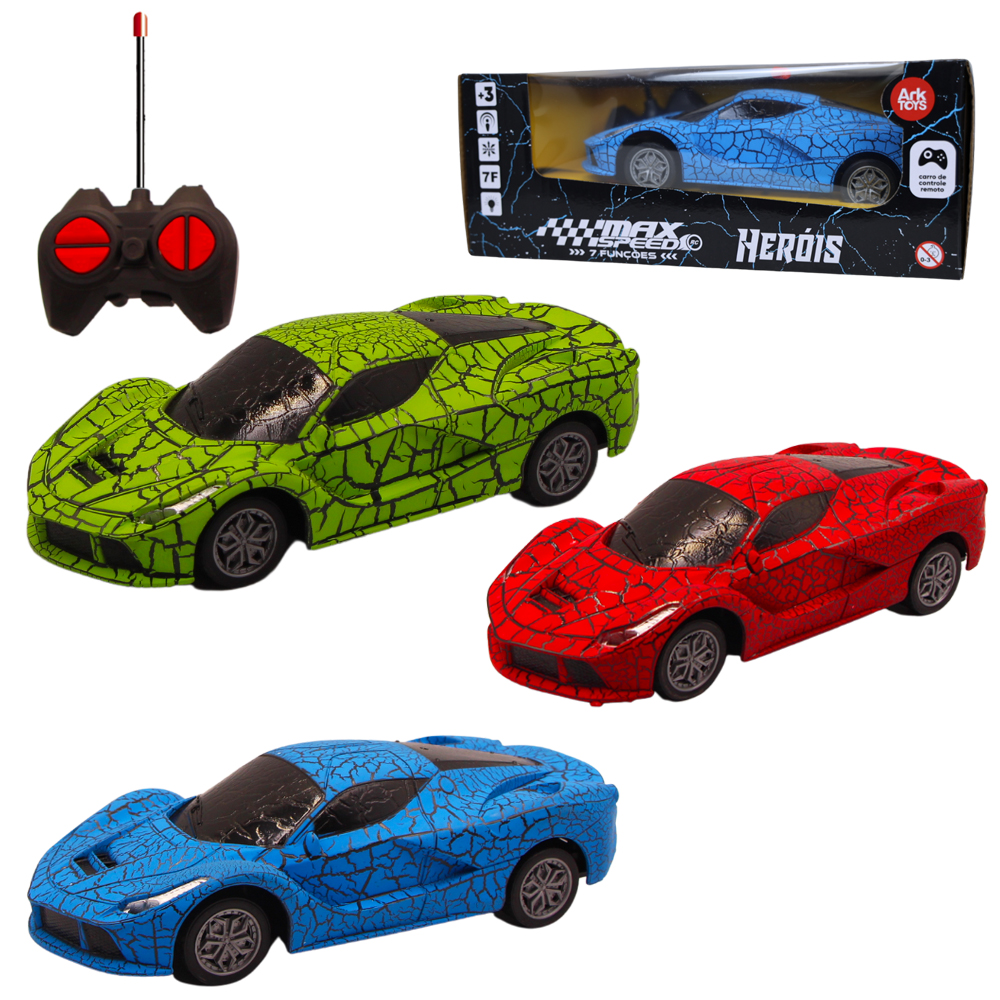 CARRO COM CONTROLE REMOTO SEM FIO MAX SPEED HEROIS 7 FUNCOES COM LUZ A PILHA