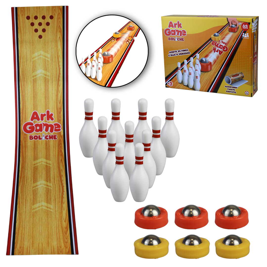 JOGO BOLICHE COM TAPETE PORTATIL 90X20CM + 10 PINOS + 6 ESFERA DE INOX ARK GAME