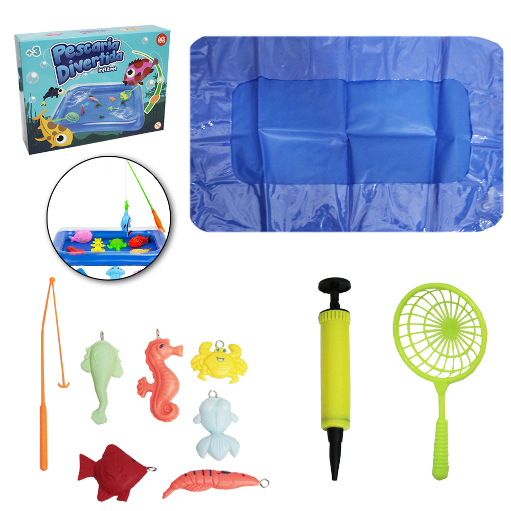 VARINHA PEGA PEIXE COM PASSAGUA + PISCINA INFLAVEL E ACESSORIOS PESCARIA DIVERTIDA 11 PECAS