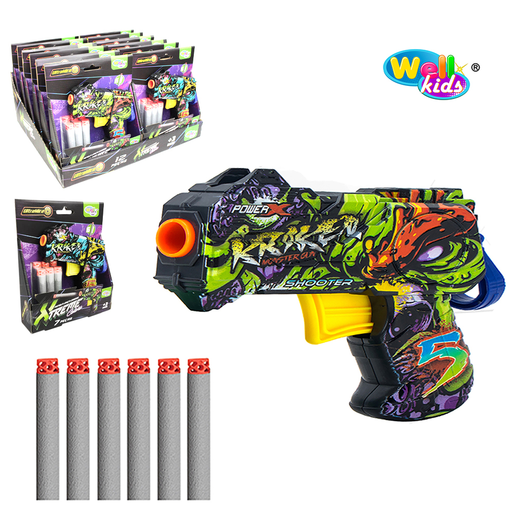 PISTOLA / REVOLVER GRAFITADO LANCA DARDO ESPUMA COM 6 DARDOS ULTRA MIRA XTREME COLORS DP PLAY WELLKIDS