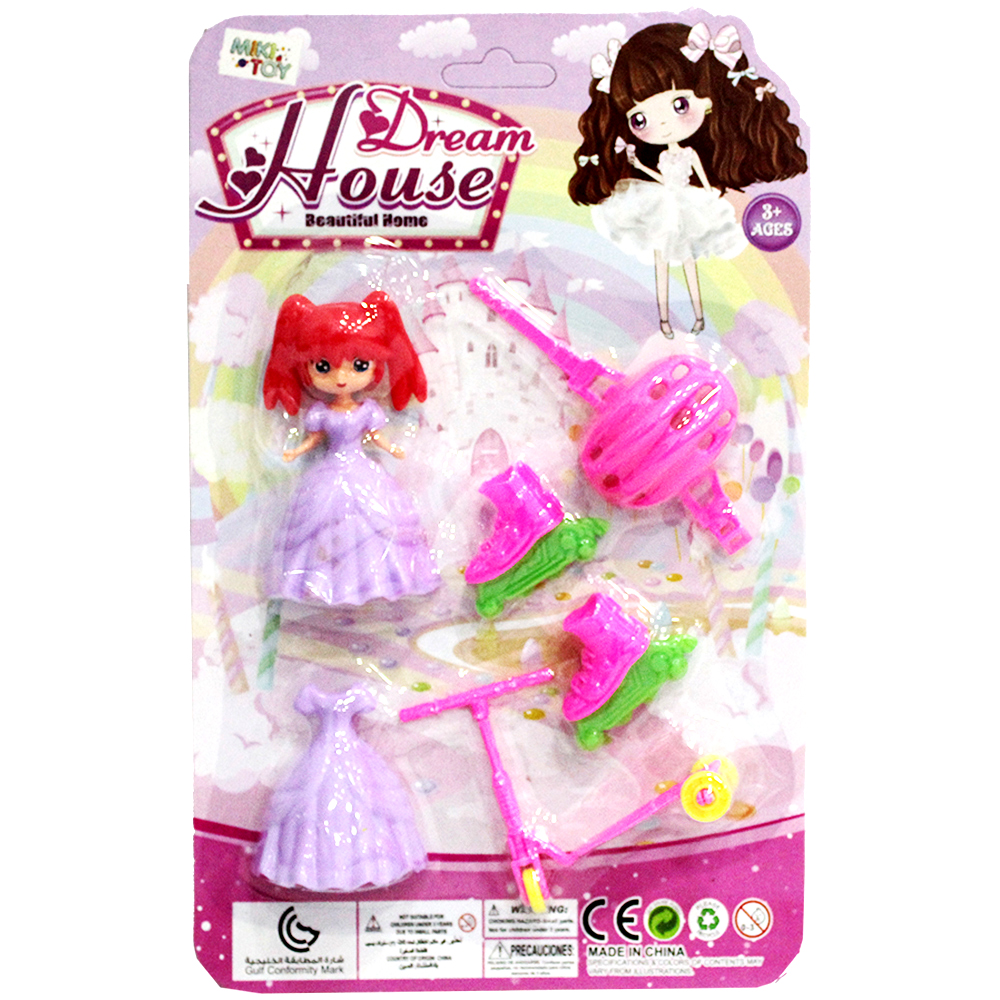 BONECA DREAM HOUSE TROCA ROUPA DE PLASTICO COM PATINETE + PATINS + CAPACETE 6 PECAS