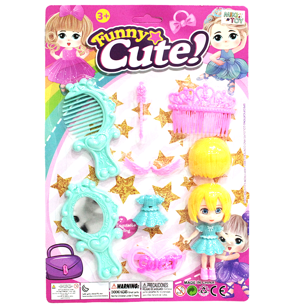 KIT BELEZA INFANTIL COM BONECA FADA TROCA ROUPA / PERUCA PLASTICO + ESPELHO E ACESSORIOS FUNNY CUTE! 9 PECAS